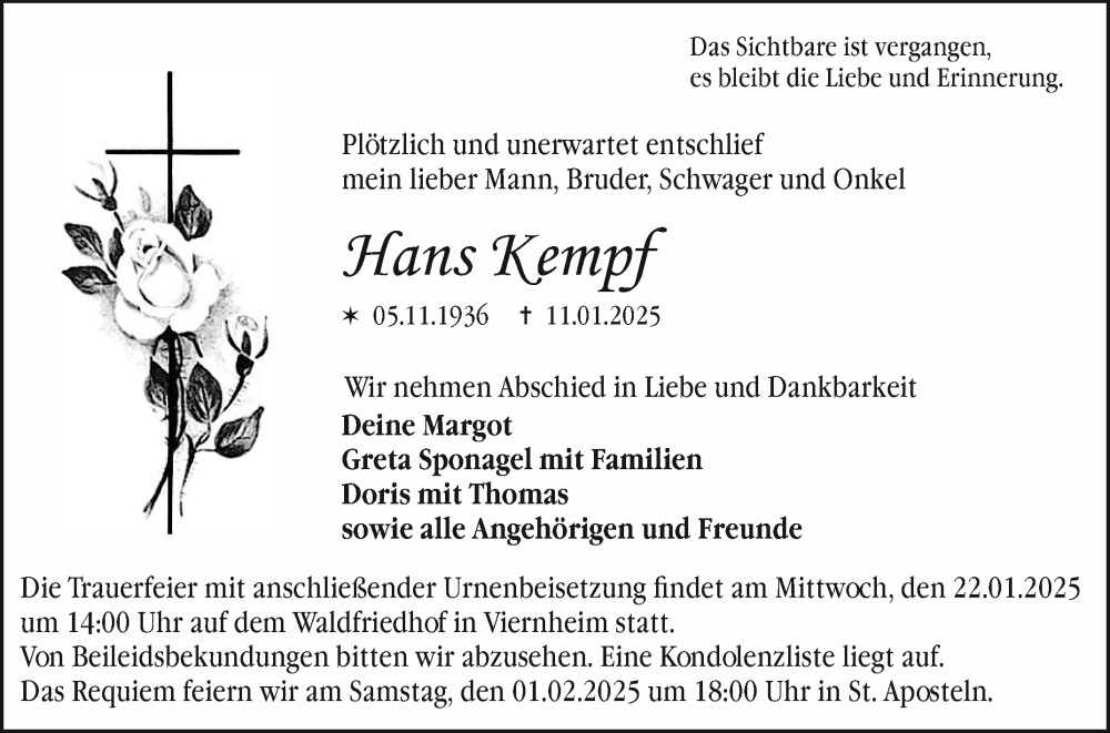  Traueranzeige für Hans Kempf vom 18.01.2025 aus Mannheimer Morgen