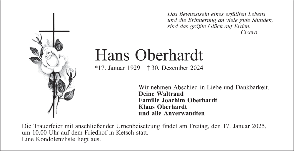  Traueranzeige für Hans Oberhardt vom 11.01.2025 aus Schwetzinger Zeitung