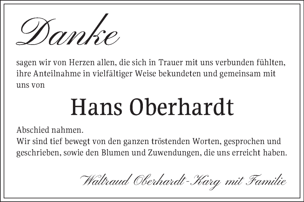  Traueranzeige für Hans Oberhardt vom 01.02.2025 aus Schwetzinger Zeitung