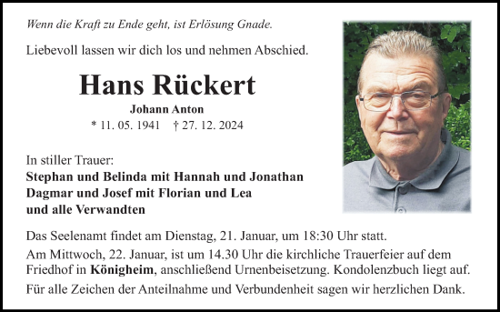 Traueranzeige von Hans Rückert von Fränkische Nachrichten