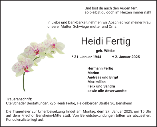 Traueranzeige von Heidi Fertig von Bergsträßer Anzeiger