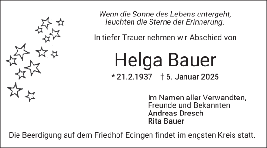 Traueranzeige von Helga Bauer von Mannheimer Morgen