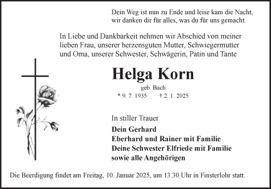 Traueranzeige von Helga Korn von Fränkische Nachrichten