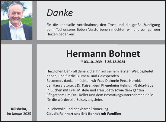 Traueranzeige von Hermann Bohnet von Fränkische Nachrichten