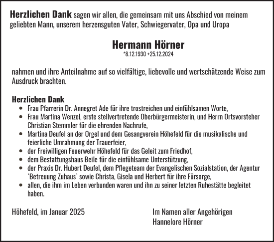 Traueranzeige von Hermann Hörner von Fränkische Nachrichten
