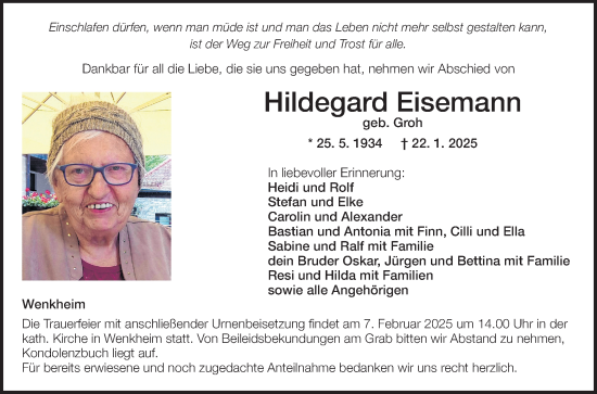 Traueranzeige von Hildegard Eisemann von Fränkische Nachrichten
