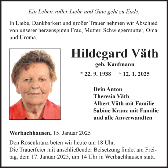 Traueranzeige von Hildegard Väth von Fränkische Nachrichten