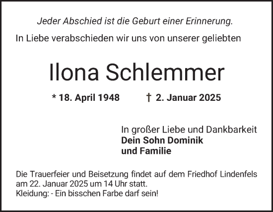 Traueranzeige von Ilona Schlemmer von Bergsträßer Anzeiger