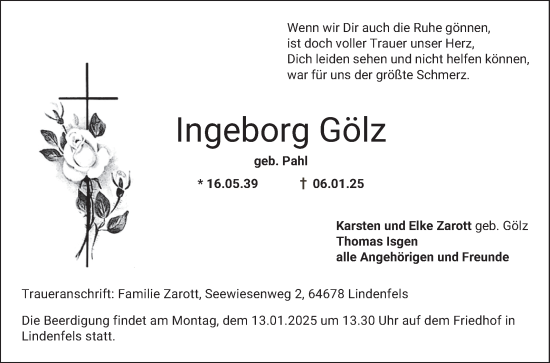 Traueranzeige von Ingeborg Gölz von Bergsträßer Anzeiger