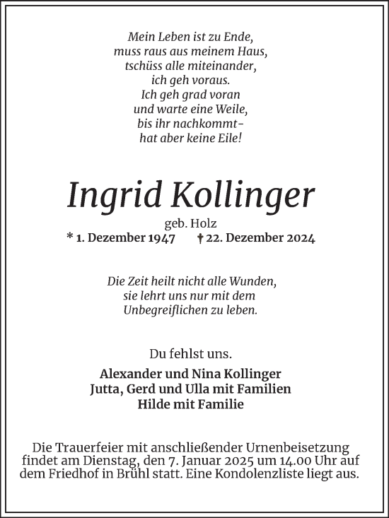 Traueranzeige von Ingrid Kollinger von Schwetzinger Zeitung