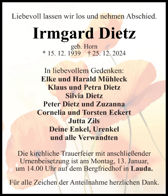 Traueranzeige von Irmgard Dietz von Fränkische Nachrichten