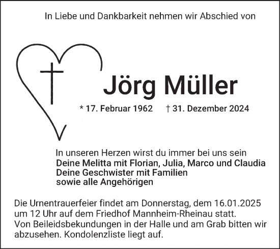 Traueranzeige von Jörg Müller von Mannheimer Morgen