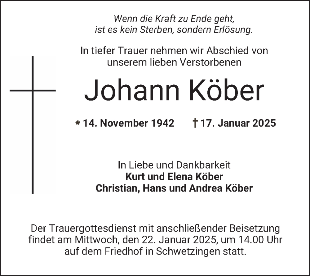  Traueranzeige für Johann Köber vom 21.01.2025 aus Schwetzinger Zeitung