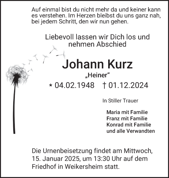 Traueranzeige von Johann Kurz von Fränkische Nachrichten