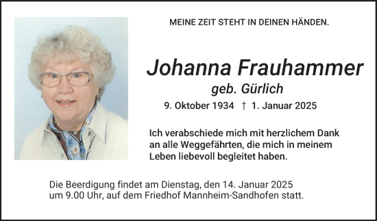 Traueranzeige von Johanna Frauhammer von Mannheimer Morgen