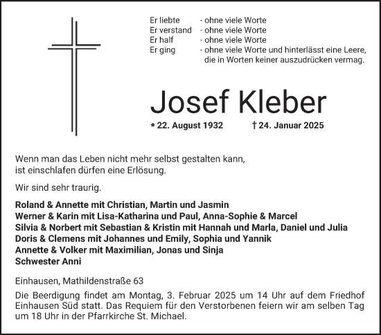 Traueranzeige von Josef Kleber von Bergsträßer Anzeiger