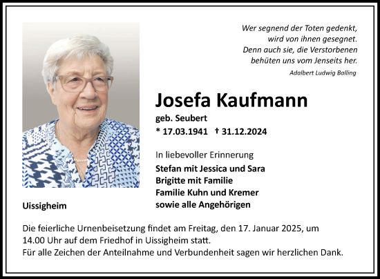 Traueranzeige von Josefa Kaufmann von Fränkische Nachrichten