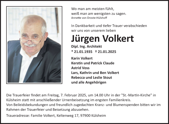Traueranzeige von Jürgen Volkert von Fränkische Nachrichten