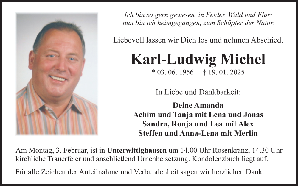  Traueranzeige für Karl-Ludwig Michel vom 28.01.2025 aus Fränkische Nachrichten