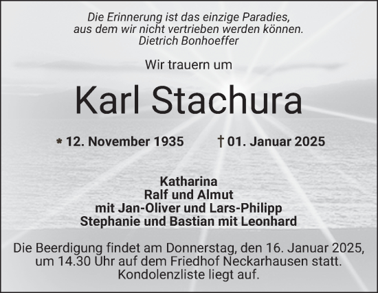 Traueranzeige von Karl Stachura von Mannheimer Morgen