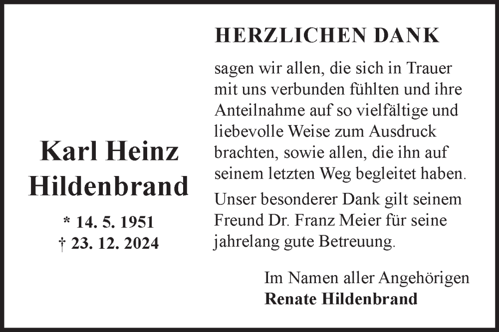  Traueranzeige für Karl Heinz Hildenbrand vom 01.02.2025 aus Fränkische Nachrichten