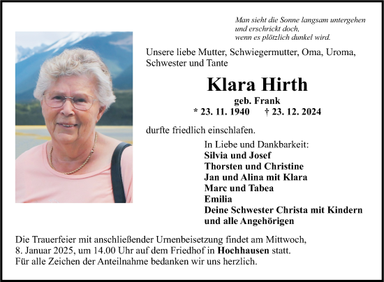 Traueranzeige von Klara Hirth von Fränkische Nachrichten