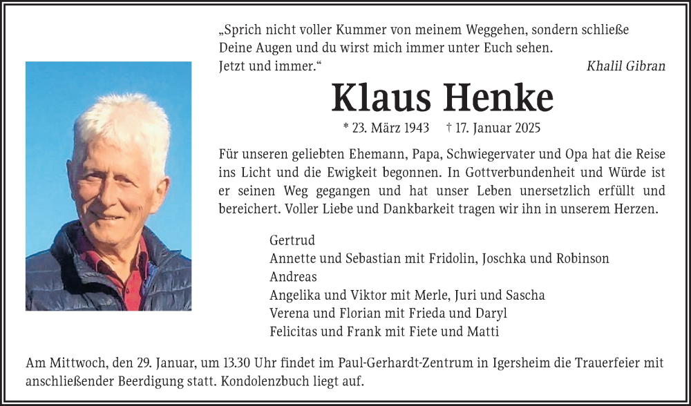  Traueranzeige für Klaus Henke vom 25.01.2025 aus Fränkische Nachrichten