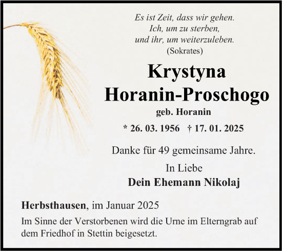 Traueranzeige von Krystyna Horanin-Proschogo von Fränkische Nachrichten