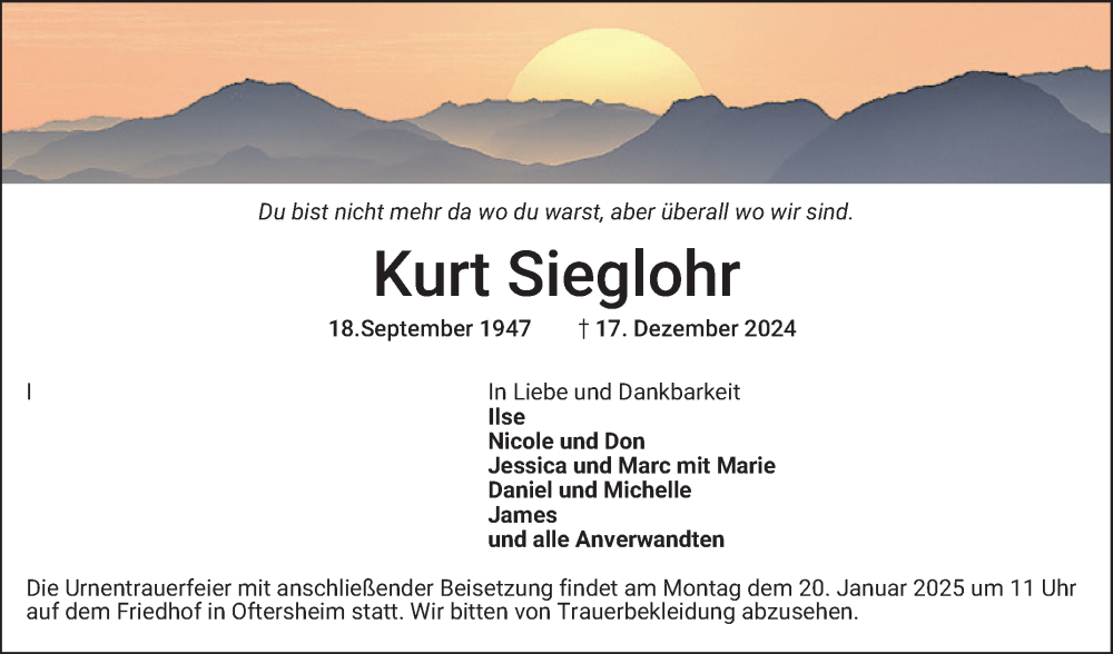  Traueranzeige für Kurt Sieglohr vom 11.01.2025 aus Schwetzinger Zeitung