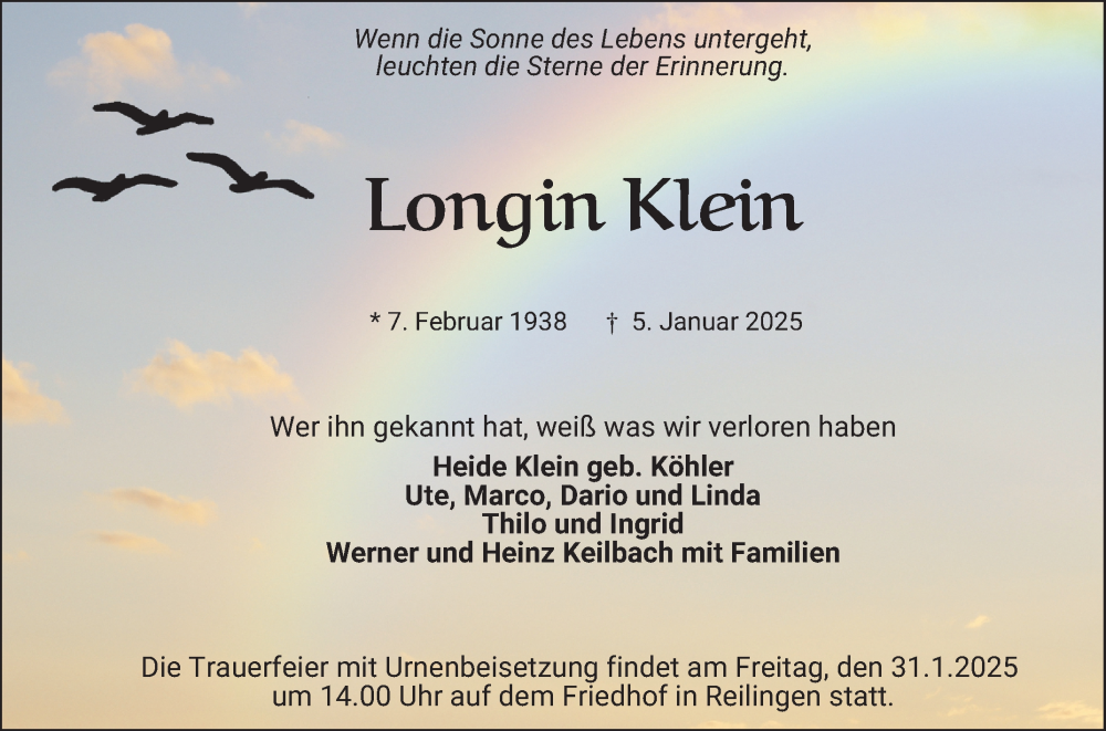  Traueranzeige für Longin Klein vom 17.01.2025 aus Schwetzinger Zeitung