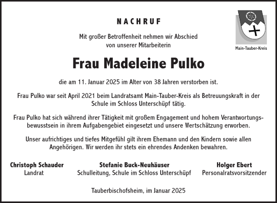 Traueranzeige von Madeleine Pulko von Fränkische Nachrichten