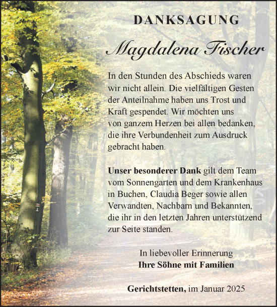Traueranzeige von Magdalena Fischer von Fränkische Nachrichten