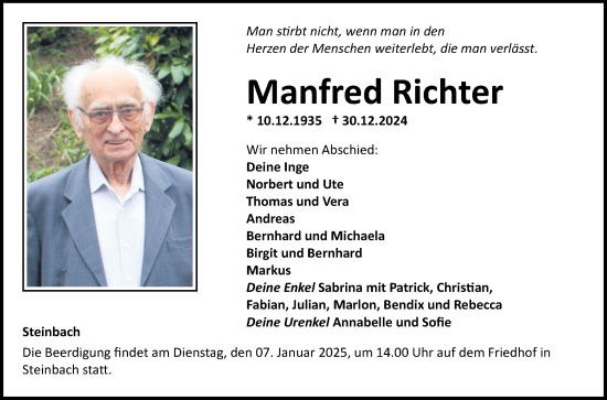 Traueranzeige von Manfred Richter von Fränkische Nachrichten