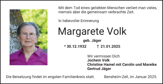 Traueranzeige von Margarete Volk von Bergsträßer Anzeiger