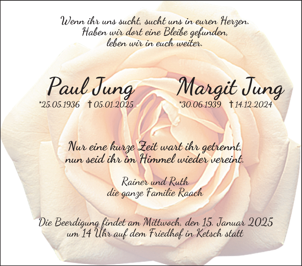  Traueranzeige für Margit Jung vom 11.01.2025 aus Schwetzinger Zeitung