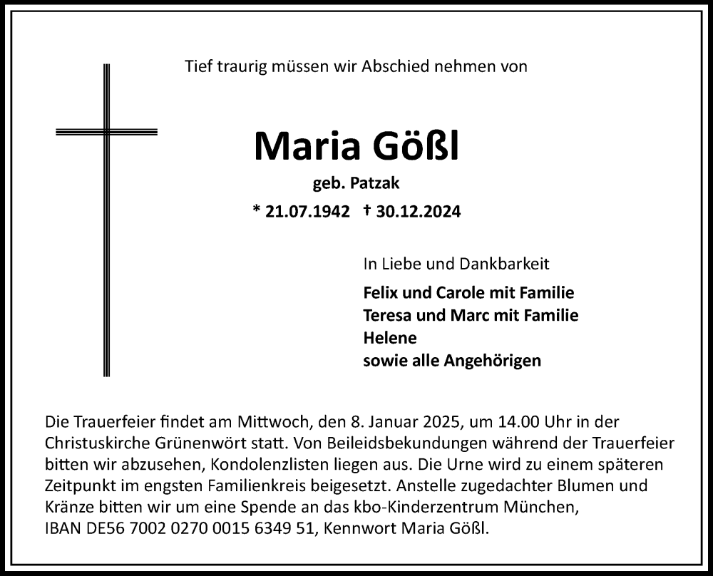  Traueranzeige für Maria Gößl vom 04.01.2025 aus Fränkische Nachrichten