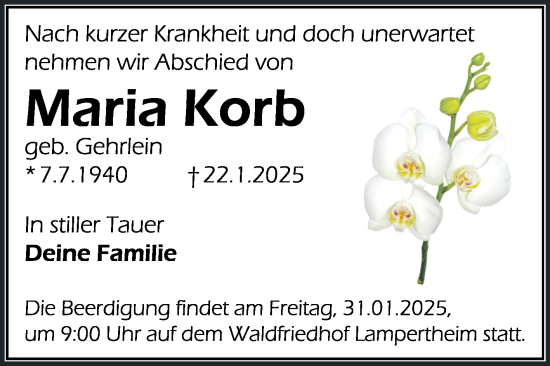 Traueranzeige von Maria Korb von Mannheimer Morgen