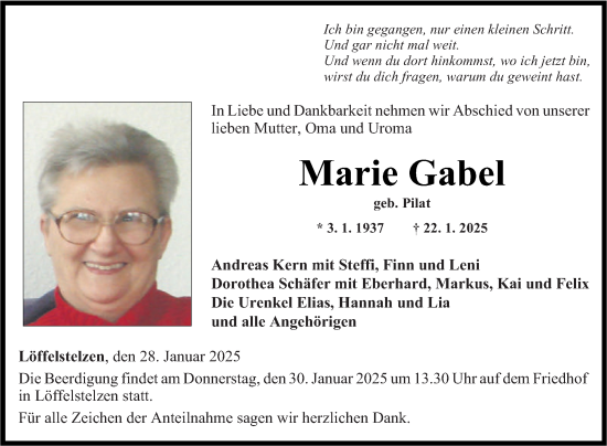 Traueranzeige von Marie Gabel von Fränkische Nachrichten
