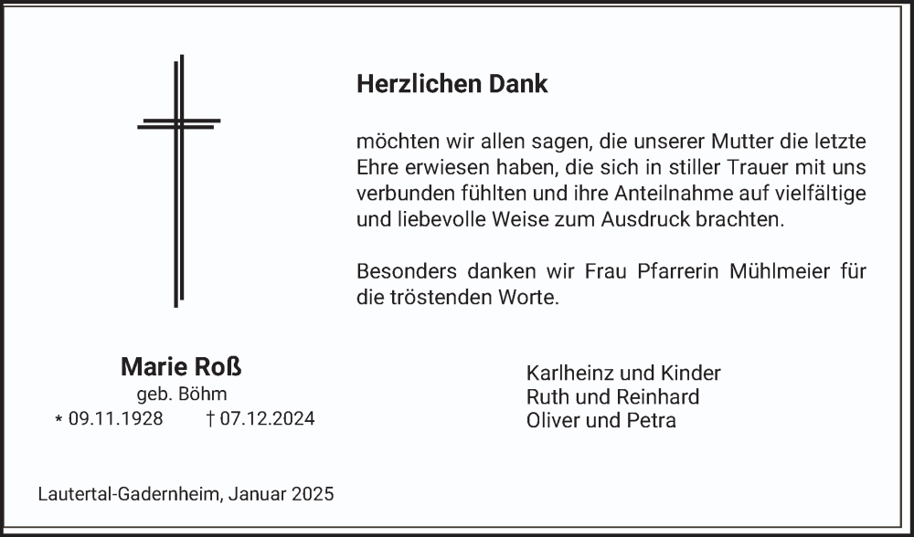  Traueranzeige für Marie Roß vom 11.01.2025 aus Bergsträßer Anzeiger