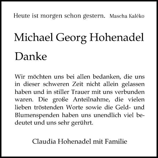 Traueranzeige von Michael Georg Hohenadel von Mannheimer Morgen