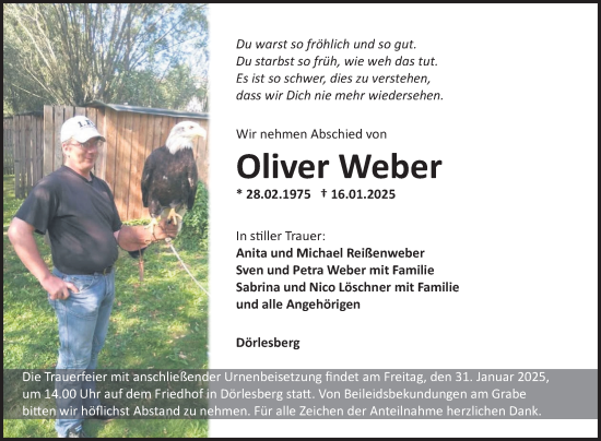 Traueranzeige von Oliver Weber von Fränkische Nachrichten