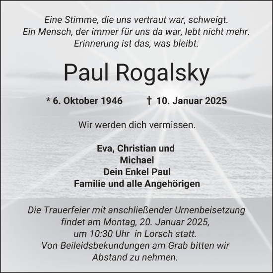 Traueranzeige von Paul Rogalsky von Bergsträßer Anzeiger