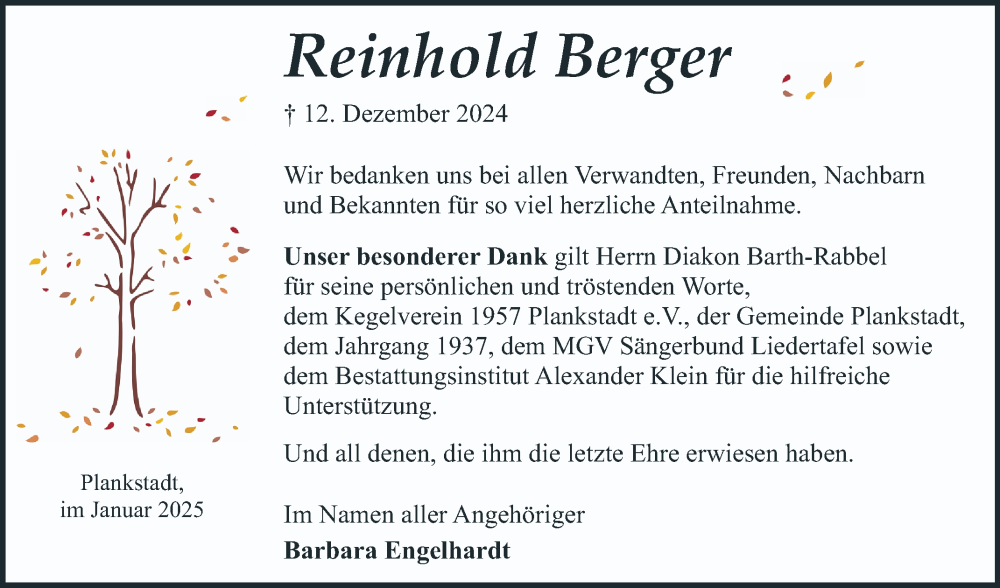  Traueranzeige für Reinhold Berger vom 18.01.2025 aus Schwetzinger Zeitung