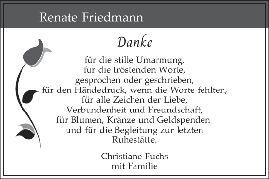 Traueranzeige von Renate Friedmann von Schwetzinger Zeitung