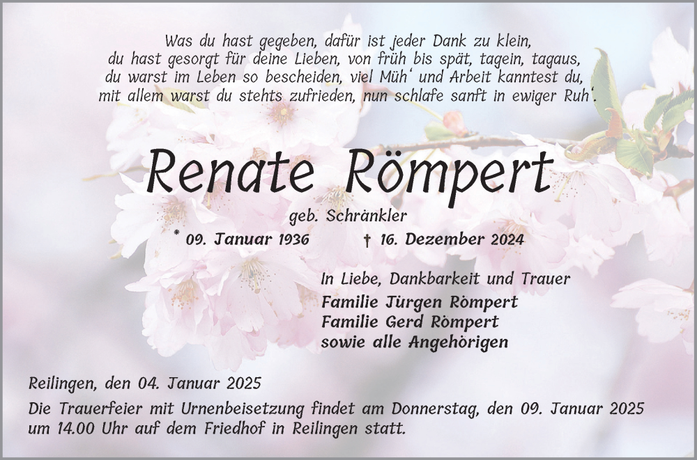  Traueranzeige für Renate Römpert vom 04.01.2025 aus Schwetzinger Zeitung