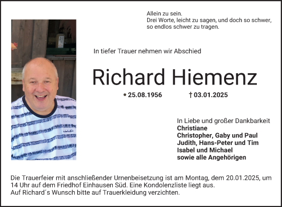 Traueranzeige von Richard Hiemenz von Bergsträßer Anzeiger