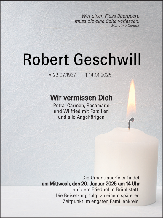 Traueranzeige von Robert Geschwill von Schwetzinger Zeitung