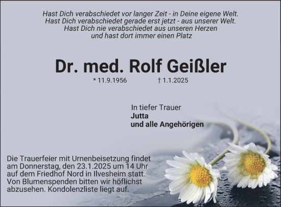 Traueranzeige von Rolf Geißler von Mannheimer Morgen