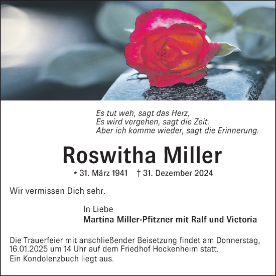 Traueranzeige von Roswitha Miller von Schwetzinger Zeitung