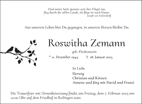 Traueranzeige von Roswitha Zemann von Schwetzinger Zeitung